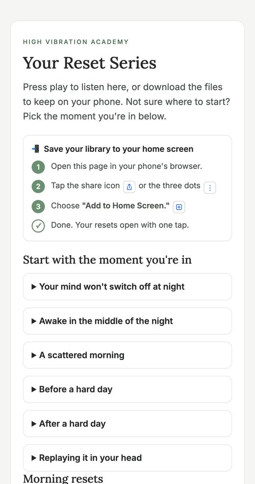 The Reset Series library page on a phone: steps to save it to the home screen, then six lists by situation